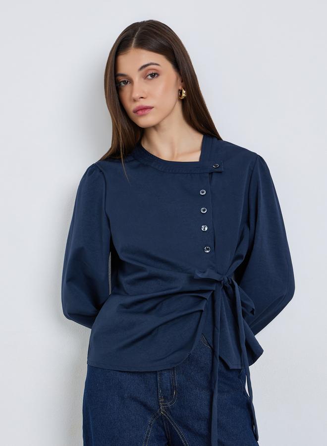 Styli Women Navy Blue Balloon Sleeve Wrap Top - Image 1